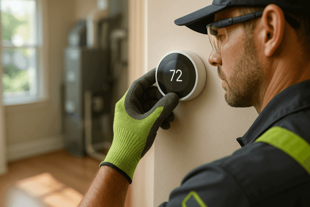 Gloved HVAC technician adjusting thermostat inside a clean, well-lit residential home