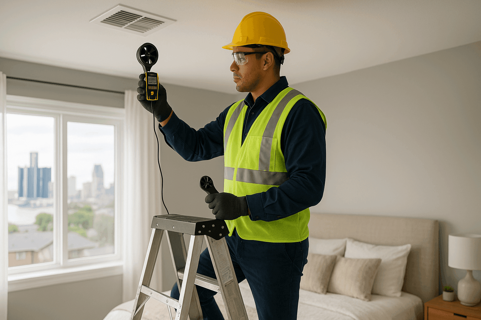 Técnico midiendo el flujo de aire en una rejilla de techo en un dormitorio