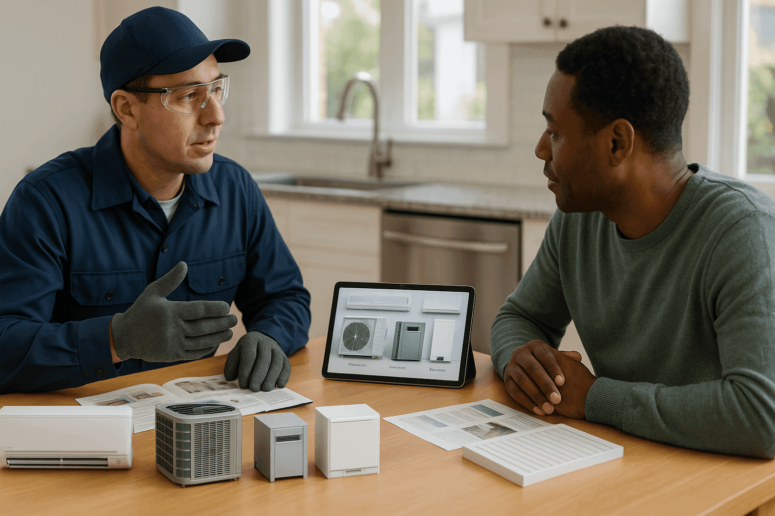 HVAC technician consulting with homeowner over system options