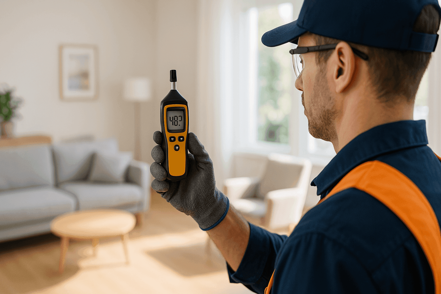 Técnico midiendo la humedad interior con un medidor digital
