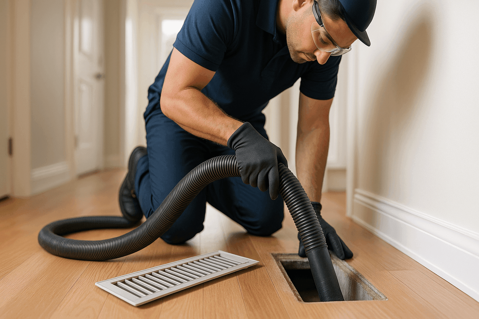 Técnico limpiando los ductos de aire de una casa con equipo de aspiradora