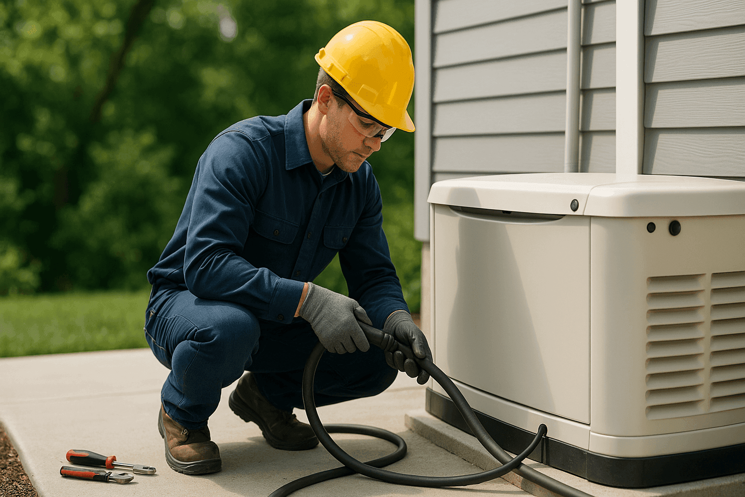 Technician installing home backup generator outdoors