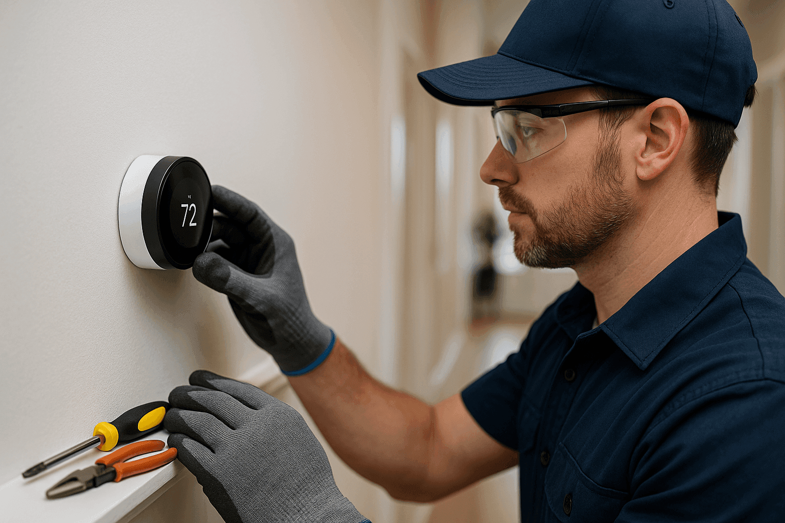 Técnico instalando un termostato inteligente en un pasillo moderno