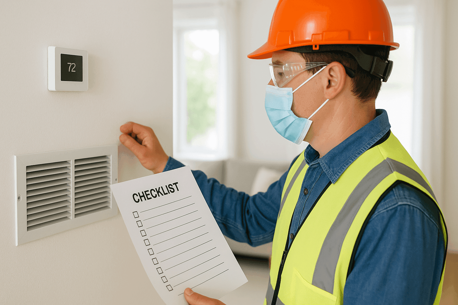 Propietario revisando el termostato y las rejillas de ventilación por problemas de calefacción