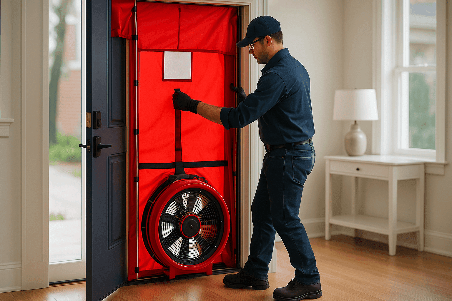 Técnico realizando auditoría energética con prueba de puerta sopladora