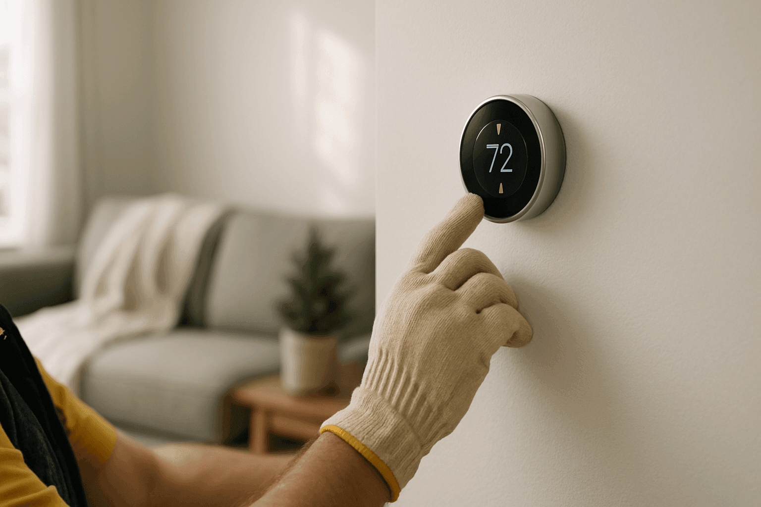 Propietario ajustando termostato inteligente para ahorrar energía en invierno