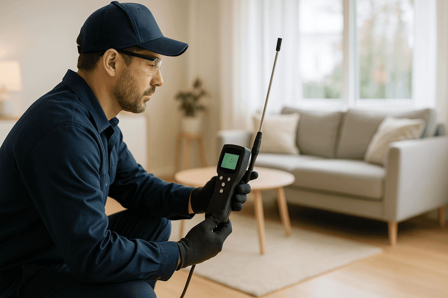 Técnico probando la calidad del aire interior en la sala de estar de una familia