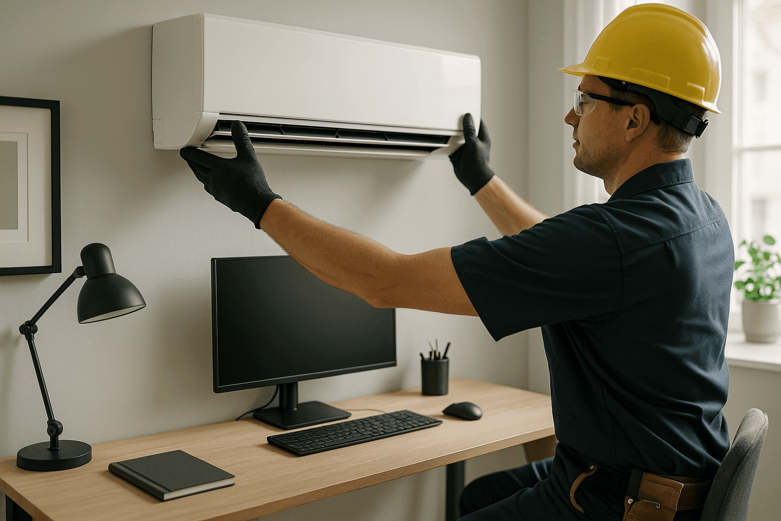 Técnico instalando una unidad mini-split en una oficina en casa