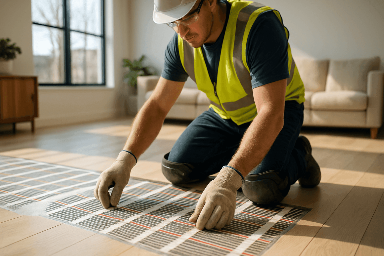 Technician installing radiant heating under home flooring