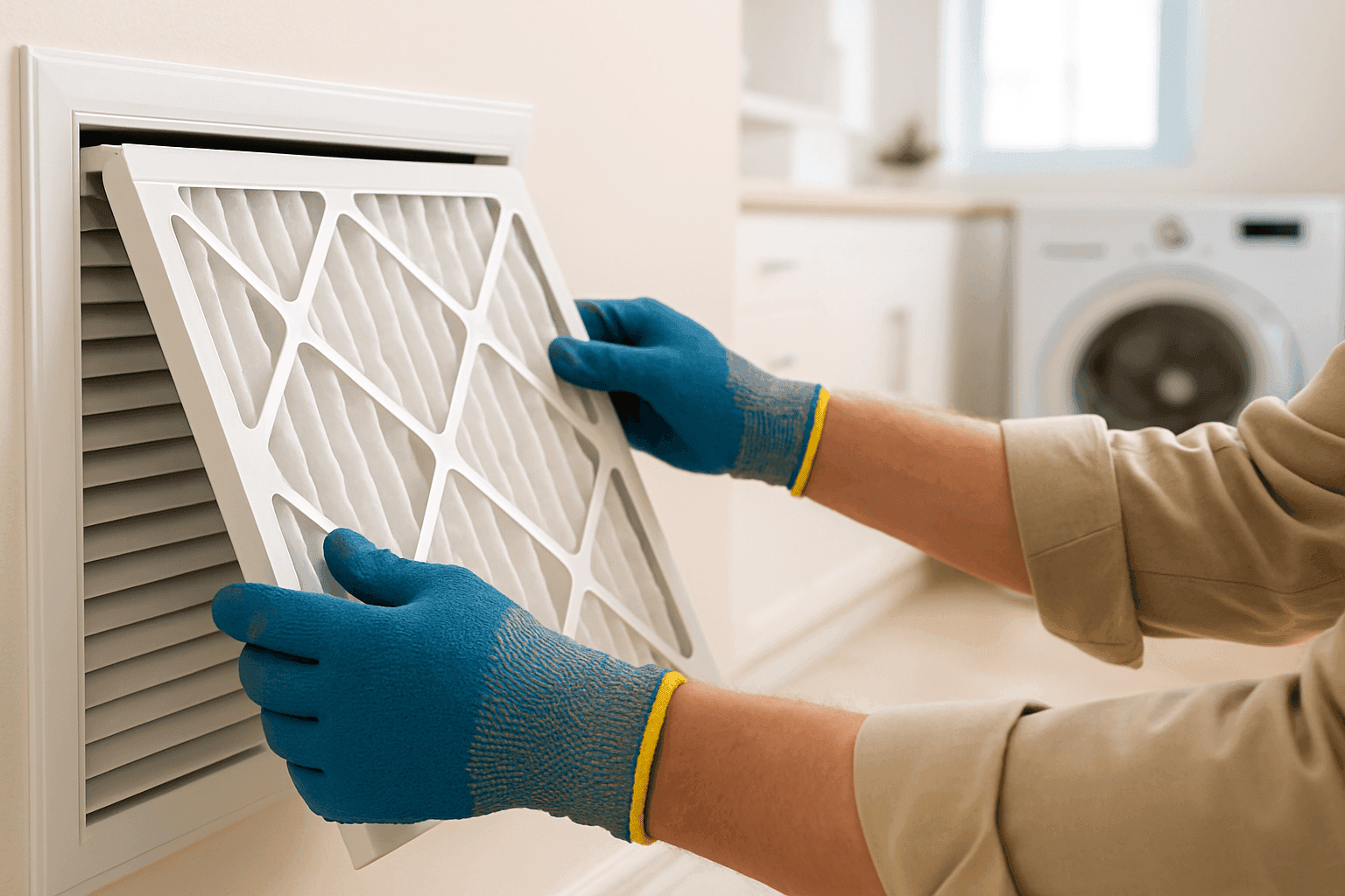 Propietario reemplazando un filtro HVAC sucio en el armario de servicios