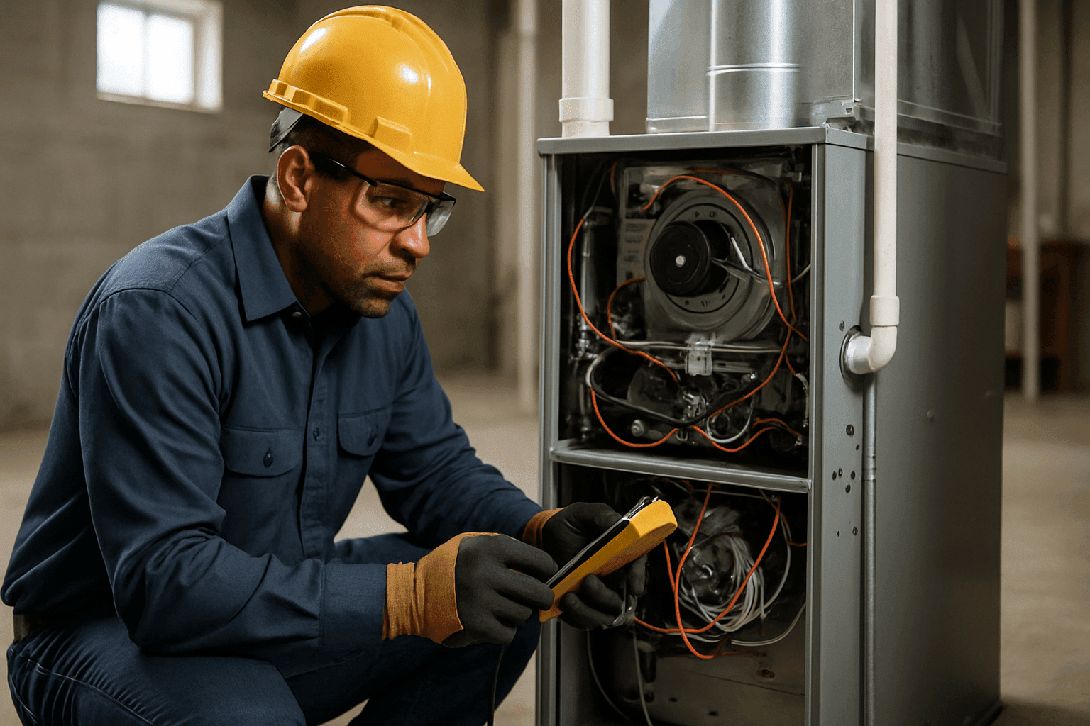 Técnico inspeccionando un calefactor doméstico averiado