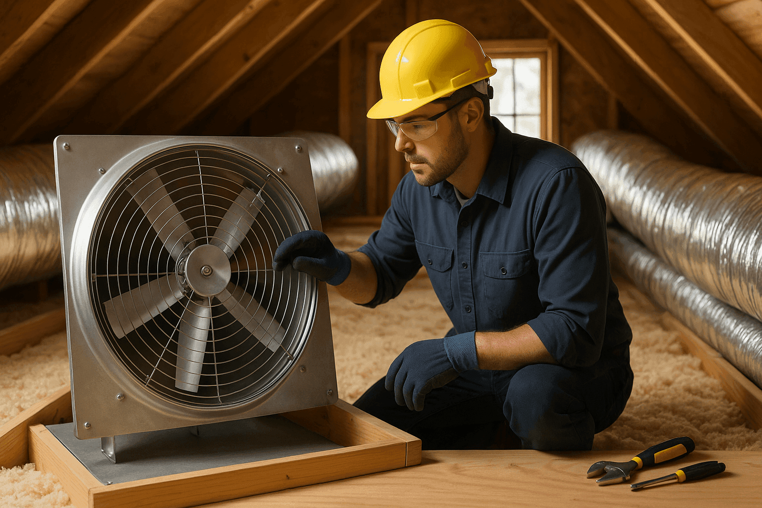 Técnico demostrando un ventilador de toda la casa en el ático